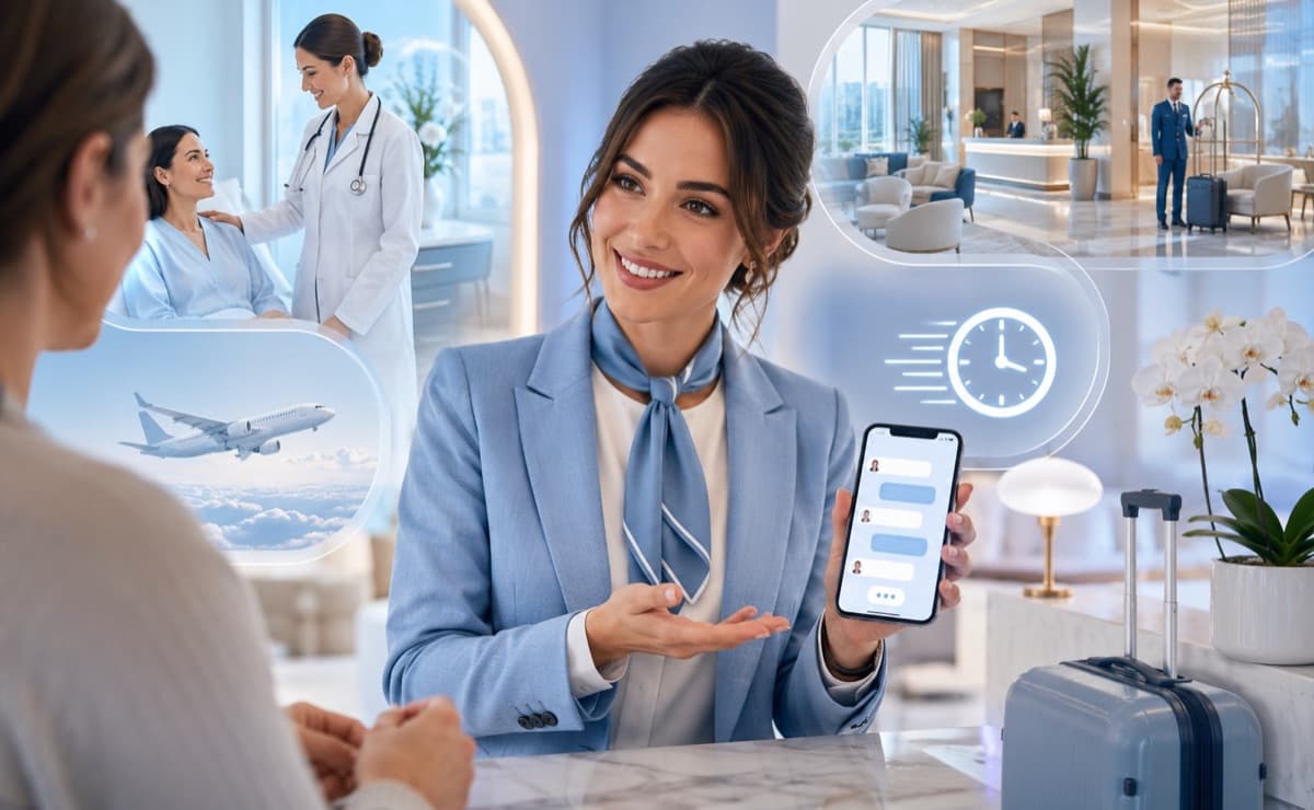 Assistente in completo che mostra lo smartphone con la chat di supporto, con medico in videochiamata, aereo e hall dell'hotel sullo sfondo