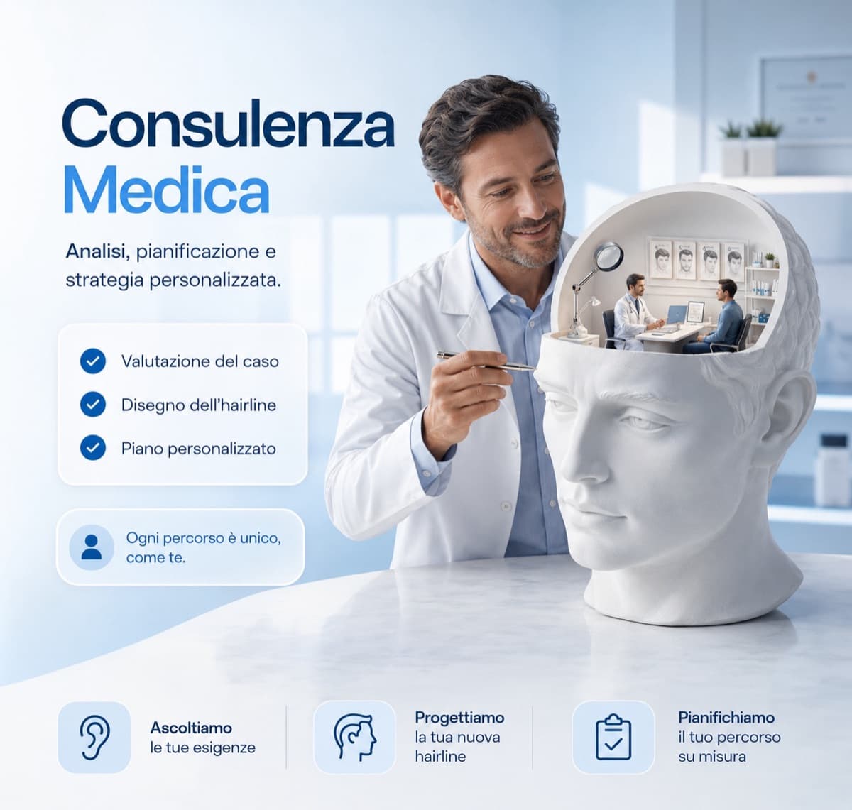Consulenza medica: analisi del cuoio capelluto, disegno della linea e pianificazione personalizzata