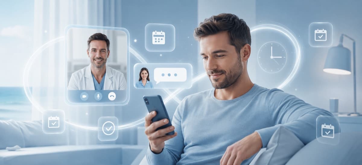 Paziente rilassato sul divano in videoconsulto col medico dallo smartphone, con icone di calendario e orologio per i controlli programmati
