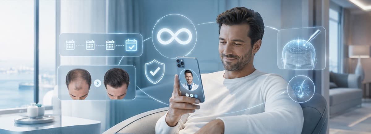 Uomo sorridente che usa lo smartphone, con grafica del risultato prima/dopo del trapianto, simbolo dell'infinito e scudo di garanzia
