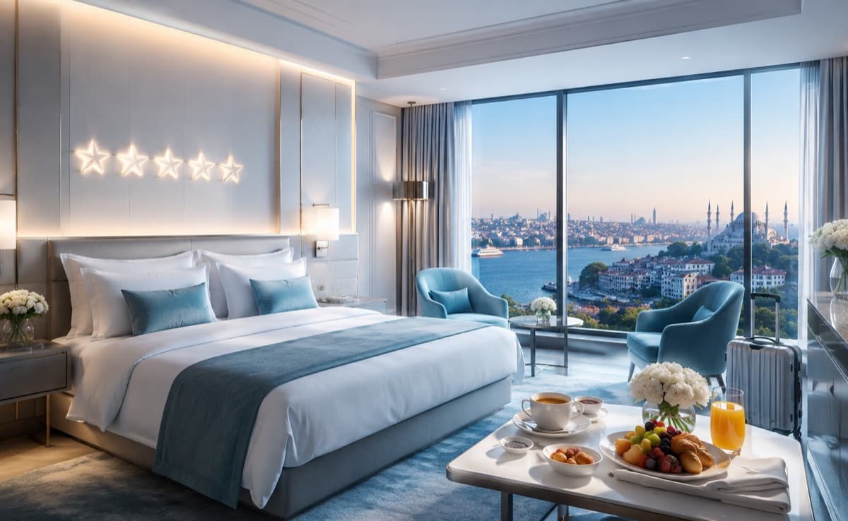 Suite d'albergo 5 stelle con letto king size e vista panoramica sul Bosforo, colazione servita in camera