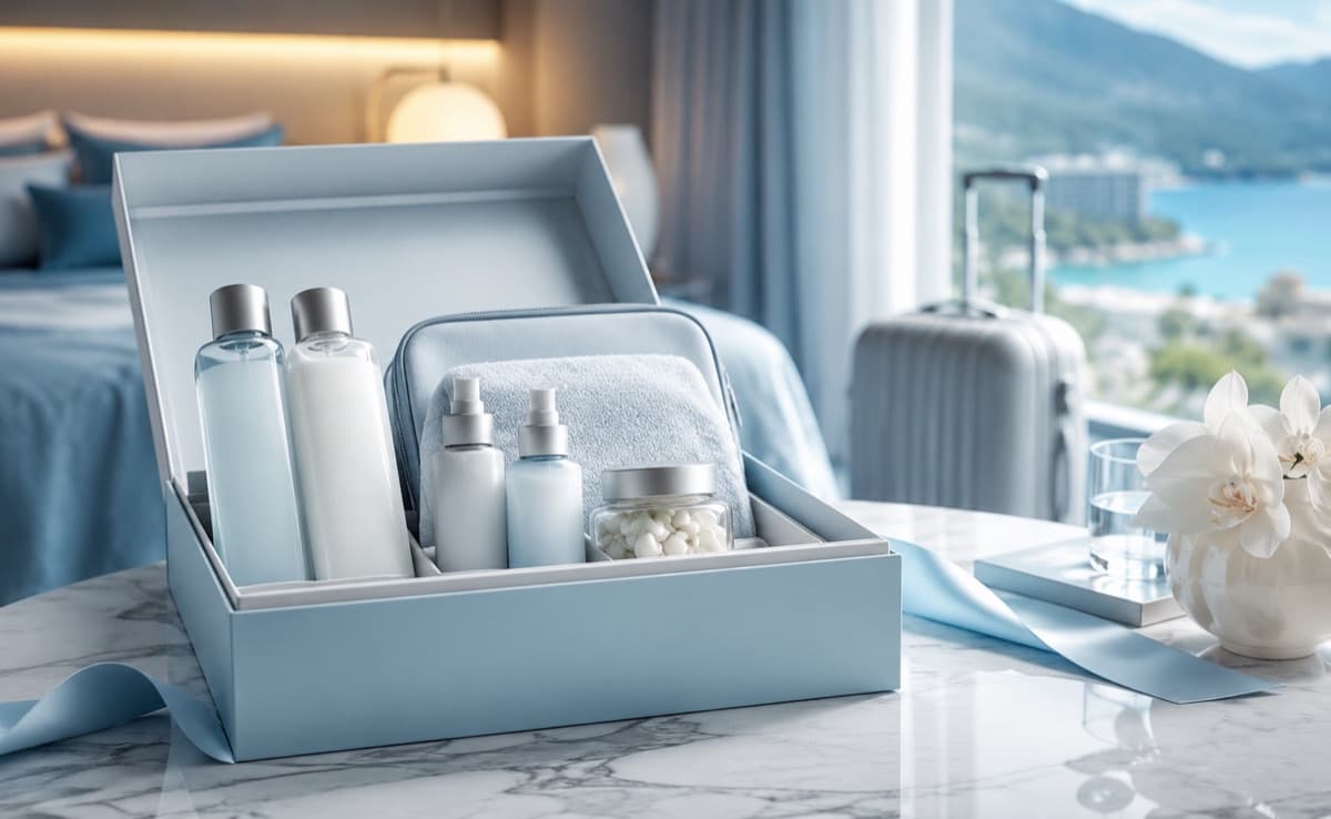 Kit post-operatorio con flaconi, lozioni e vitamine in una scatola elegante su un tavolo di marmo, camera d'albergo con vista mare sullo sfondo