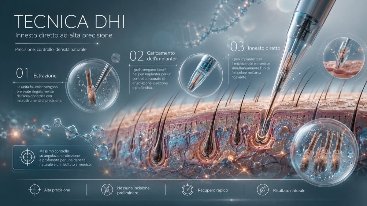 Schema della tecnica DHI: estrazione, caricamento dell'implanter, innesto diretto