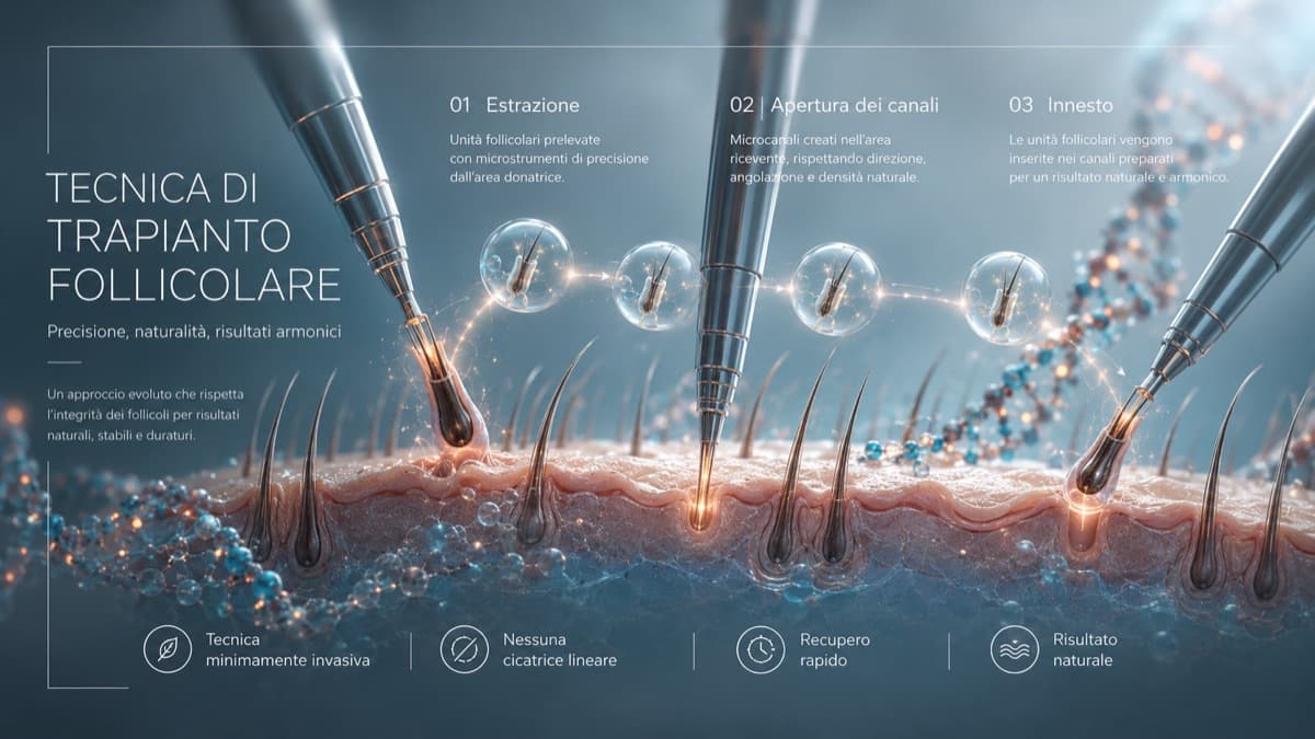 Schema della tecnica di trapianto follicolare FUE: estrazione, apertura dei canali, innesto
