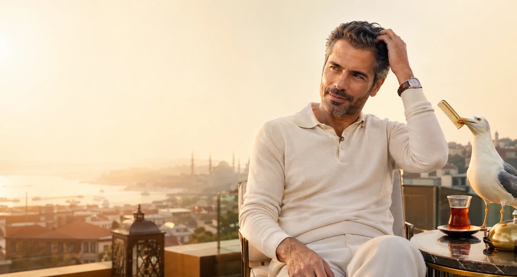 Uomo rilassato su una terrazza con vista sul Bosforo e lo skyline di Istanbul al tramonto